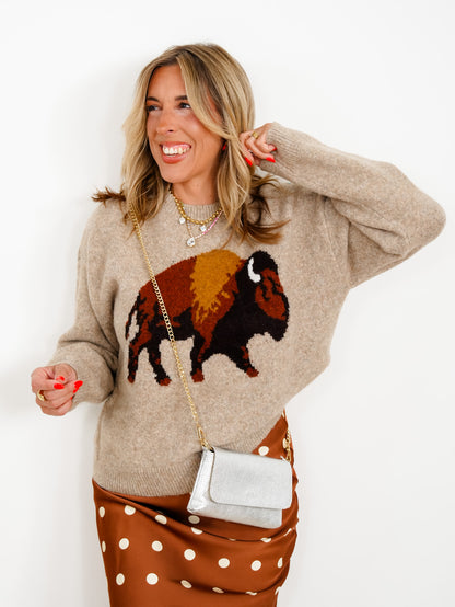 Western Buffalo Motif Long Sleeve Pullover Sweater