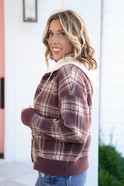 Plaid Long Sleeve Button Down Hooded Sweater Jacket