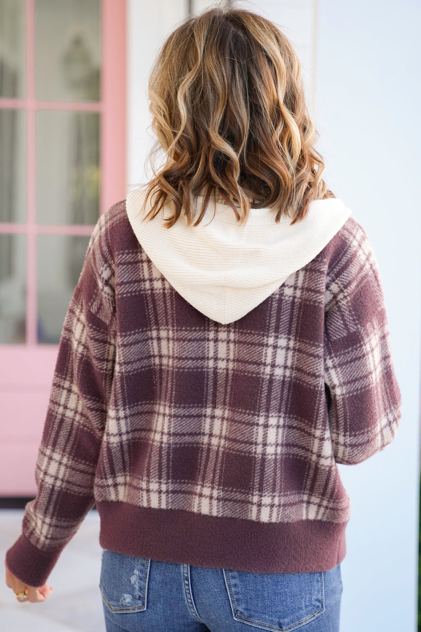 Plaid Long Sleeve Button Down Hooded Sweater Jacket