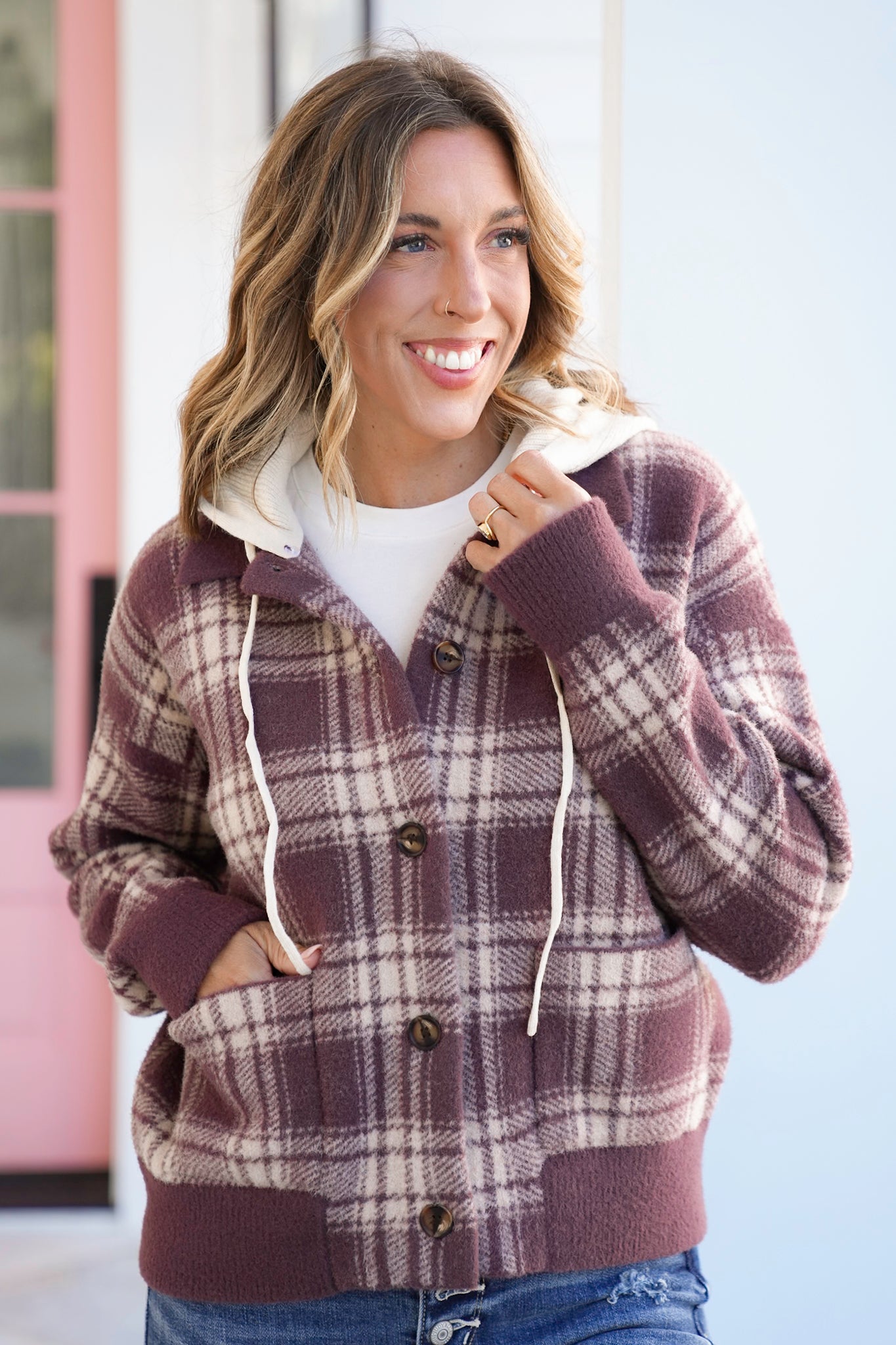 Plaid Long Sleeve Button Down Hooded Sweater Jacket