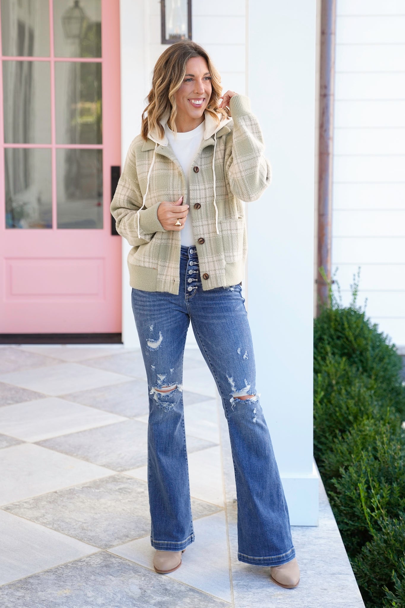 Plaid Long Sleeve Button Down Hooded Sweater Jacket