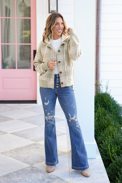 Plaid Long Sleeve Button Down Hooded Sweater Jacket