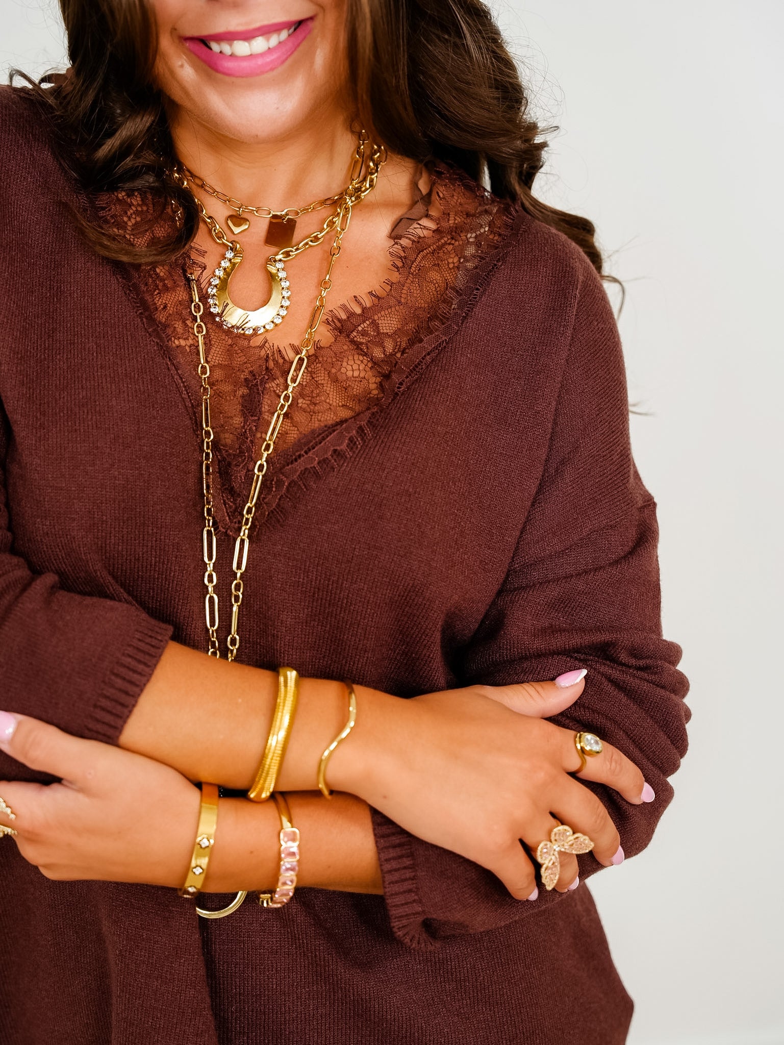 Long Sleeve V Neck Pullover Sweater with Lace Trim - Freckled Poppy