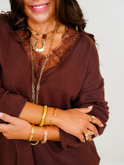 Long Sleeve V Neck Pullover Sweater with Lace Trim - Freckled Poppy