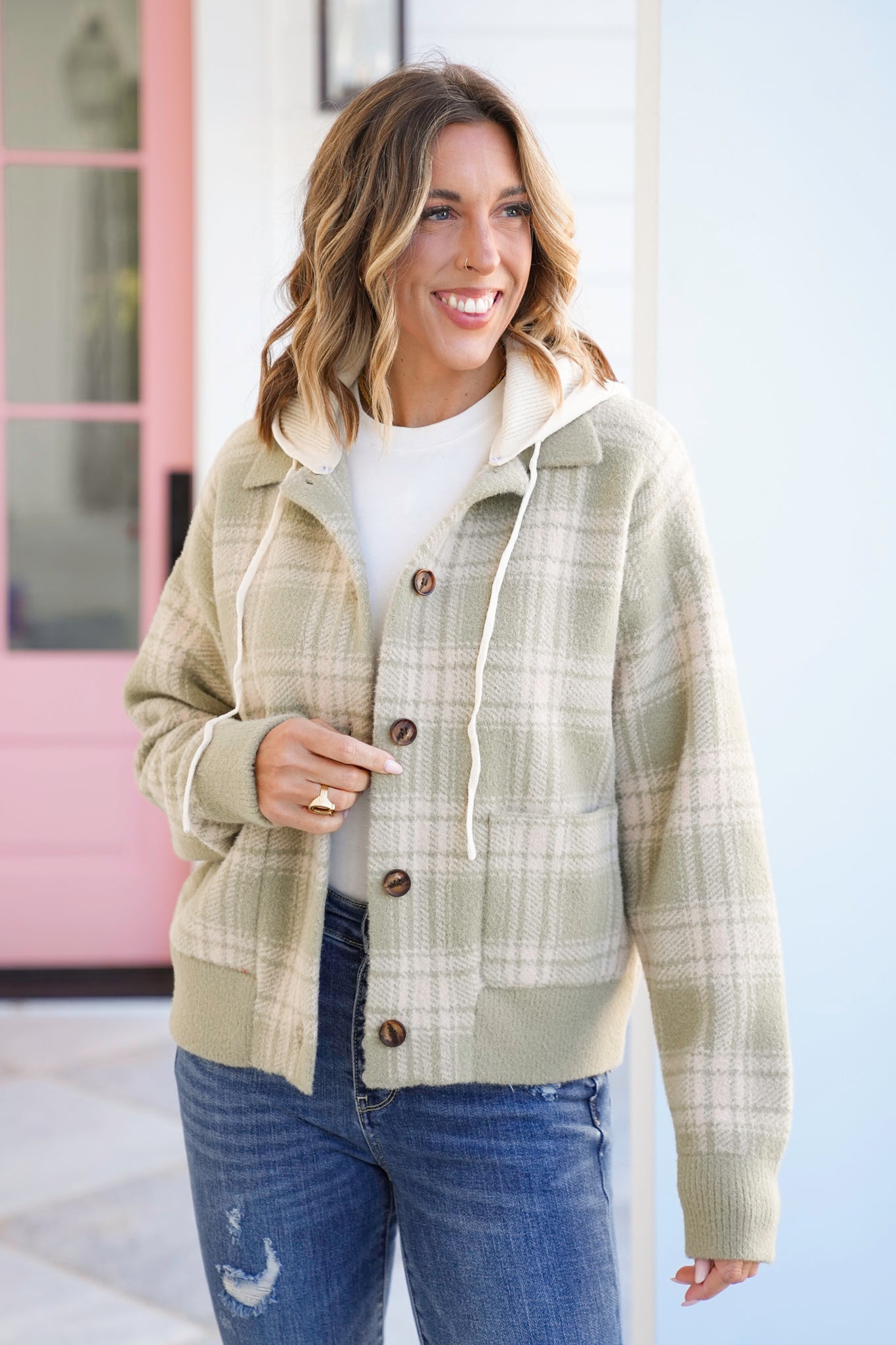 Plaid Long Sleeve Button Down Hooded Sweater Jacket