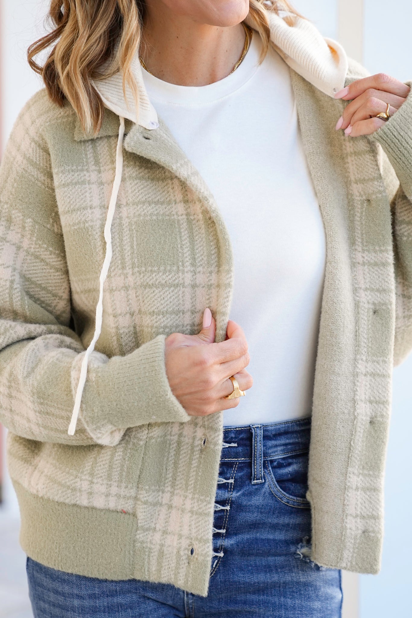 Plaid Long Sleeve Button Down Hooded Sweater Jacket