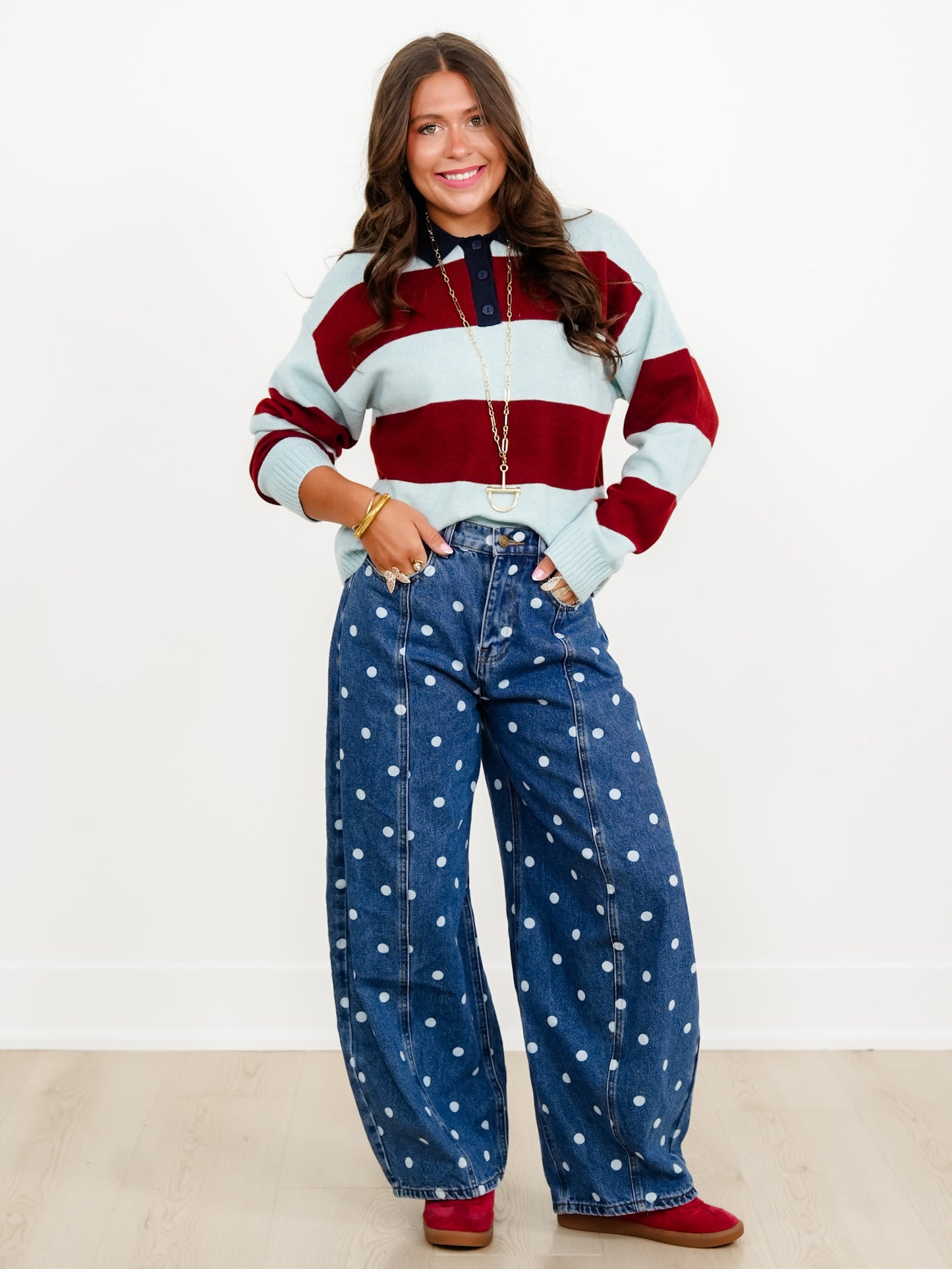 Color Block Long Sleeve Button Up Sweater - Freckled Poppy