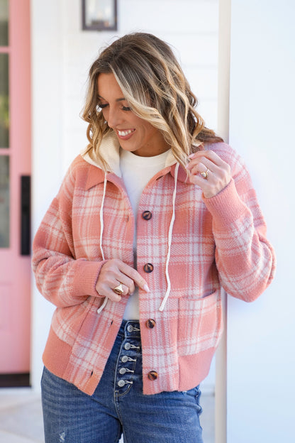 Plaid Long Sleeve Button Down Hooded Sweater Jacket
