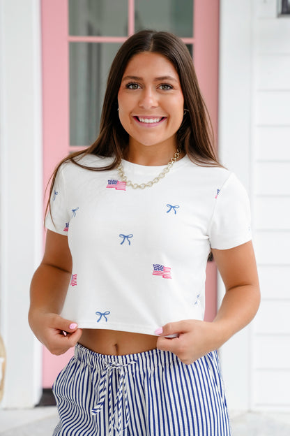 American Flag and Bow Print Short Sleeve Crop Tee Shirt