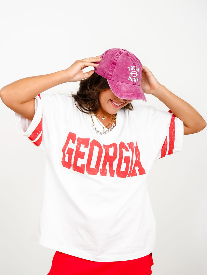 Short Sleeve V-Neck Georgia Graphic Top - Freckled Poppy