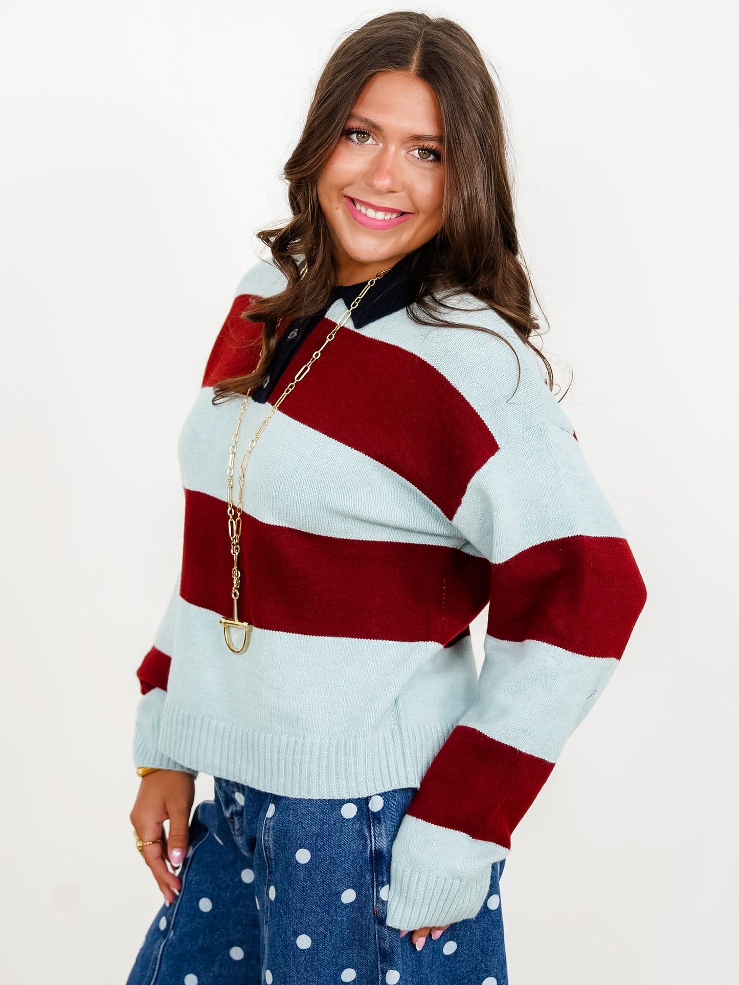 Color Block Long Sleeve Button Up Sweater - Freckled Poppy