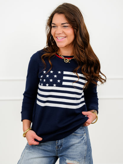 Navy Long Sleeve American Flag Pullover Sweater
