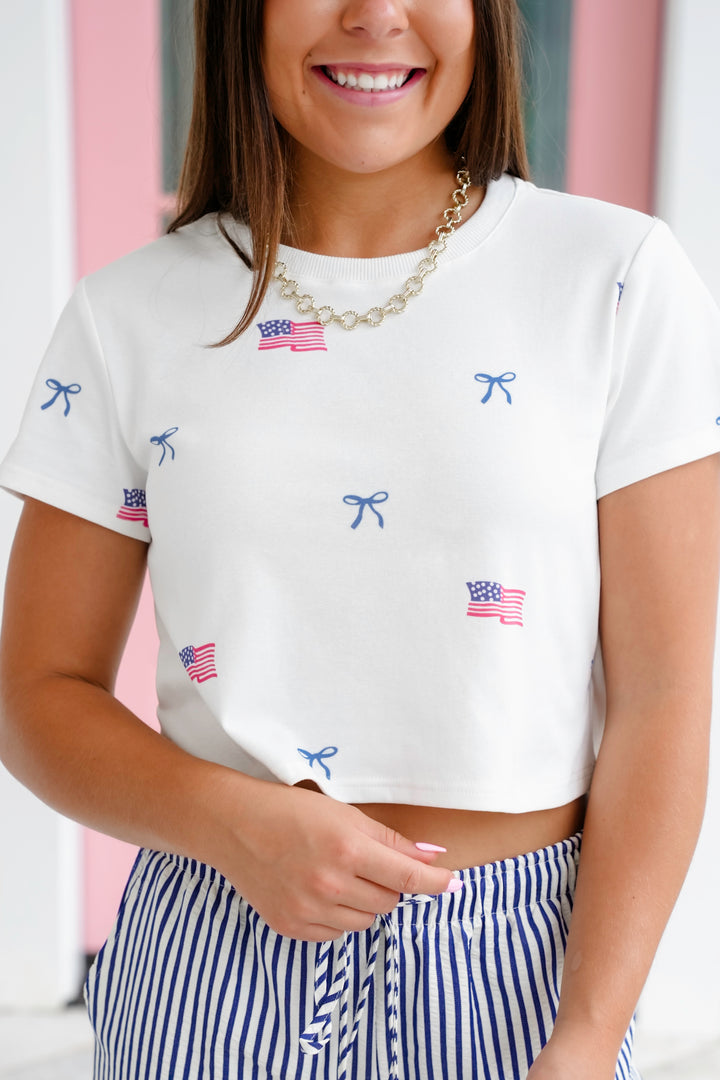 American Flag and Bow Print Short Sleeve Crop Tee Shirt