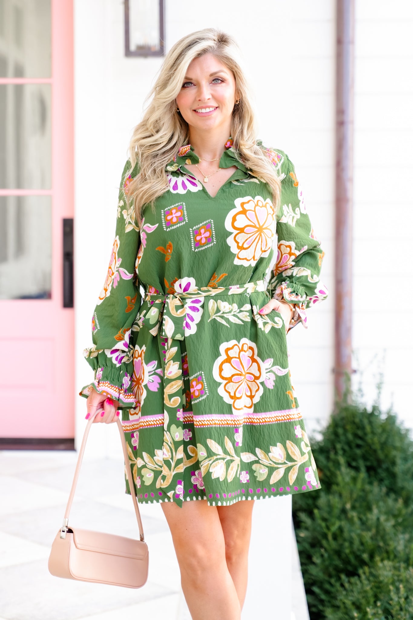 Boho Floral Long Sleeve Dress with Tie Waist