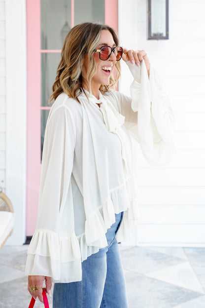 Plus/Reg Long Bell Sleeve Ruffle Blouse