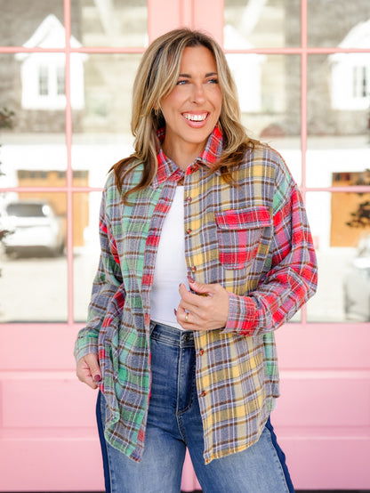 Plus/Reg Mineral Wash Plaid Long Sleeve Button Down Top - Freckled Poppy
