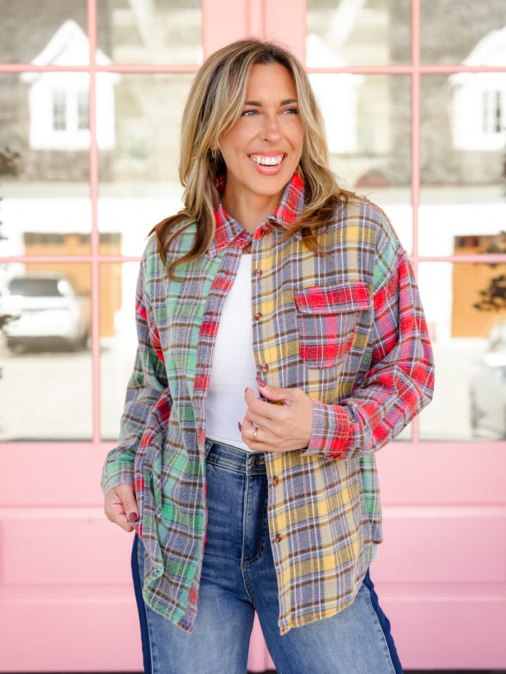 Plus/Reg Mineral Wash Plaid Long Sleeve Button Down Top - Freckled Poppy