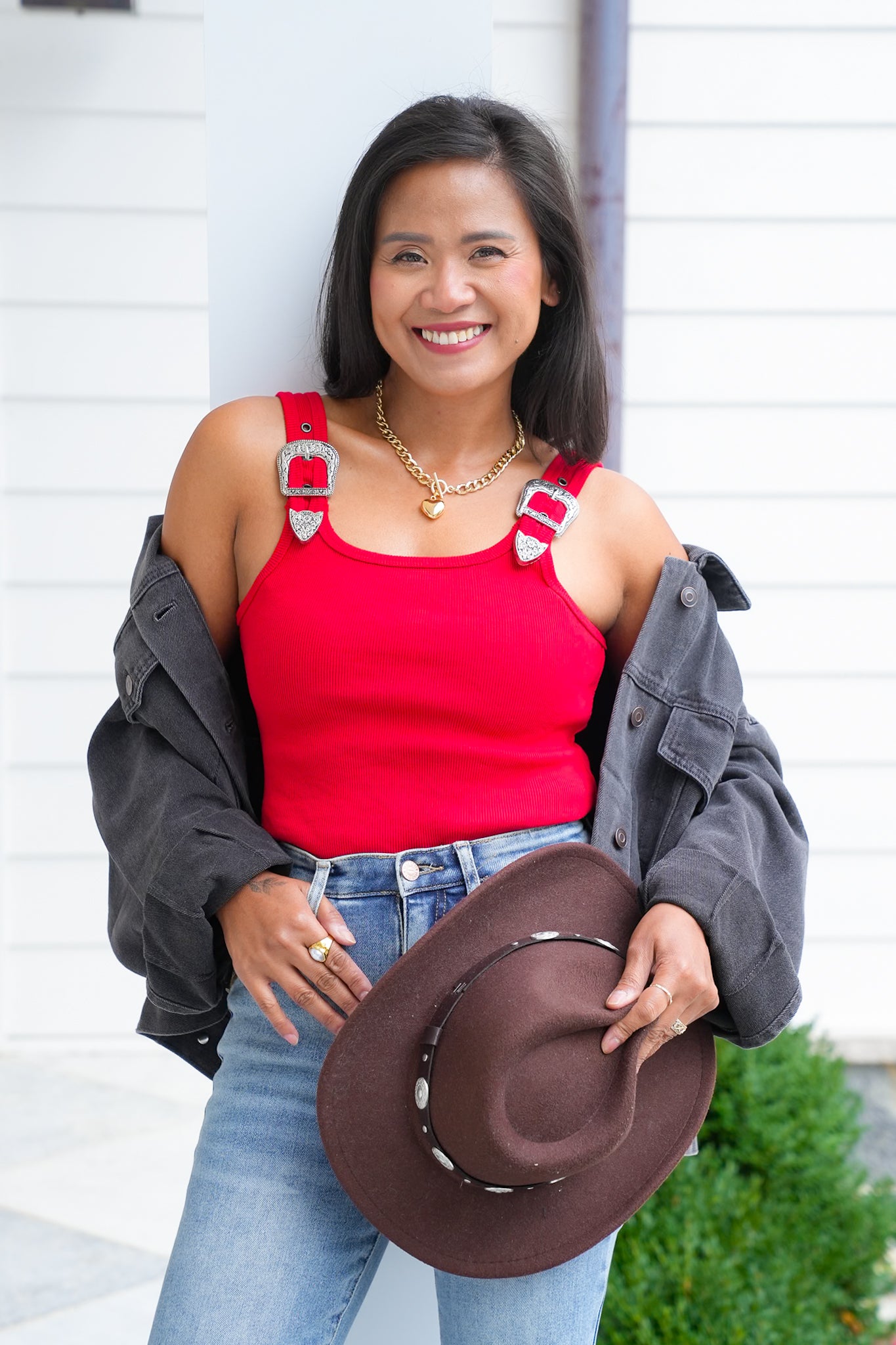 Sleeveless Ribbed Knit Bodysuit with Buckle Strap Detail