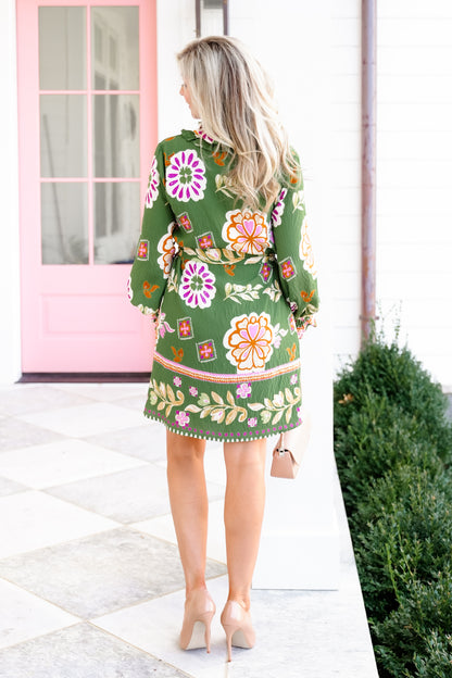 Boho Floral Long Sleeve Dress with Tie Waist