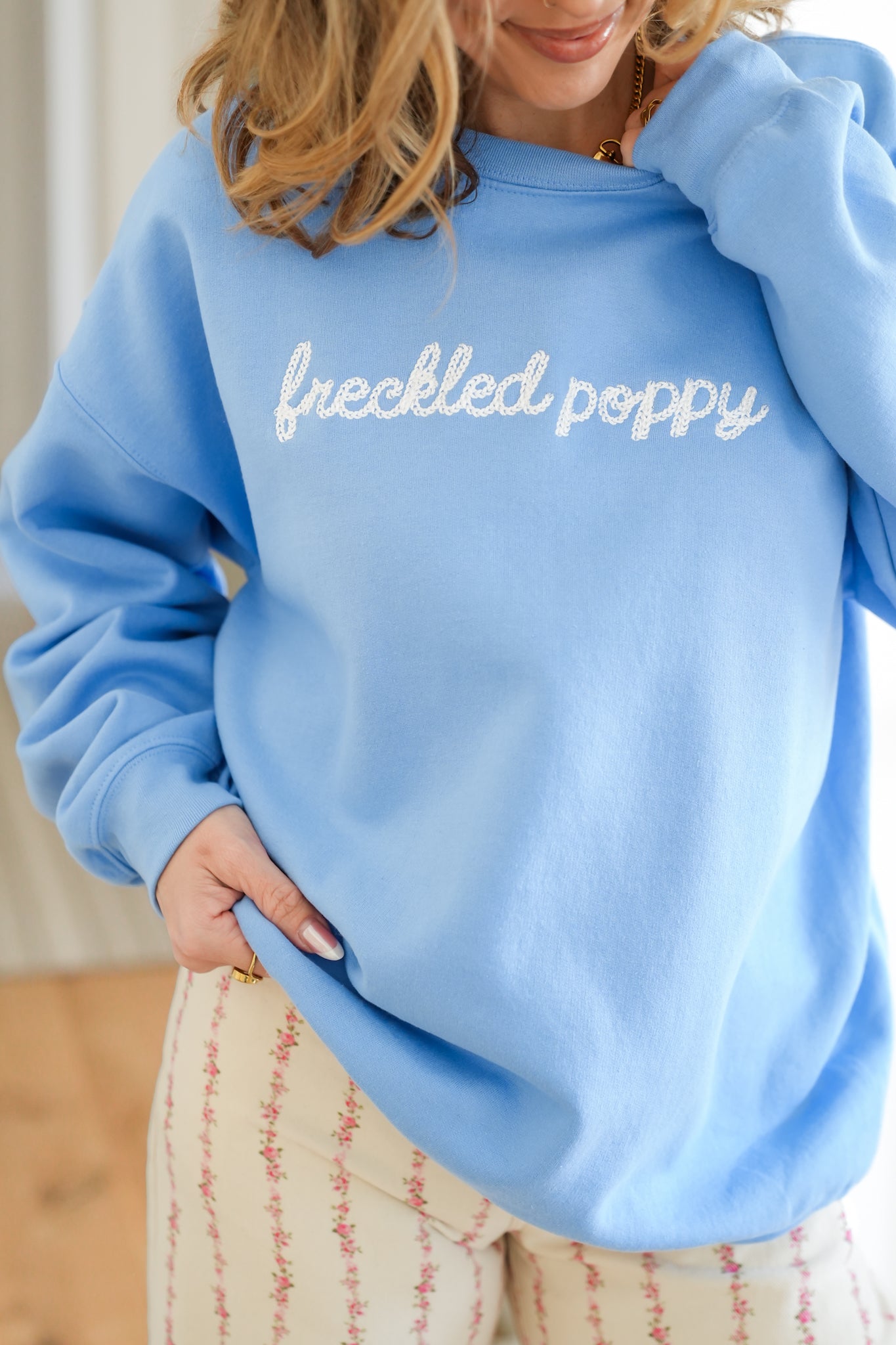 Plus/Reg Long Sleeve Embroidered "Freckled Poppy" Graphic Sweatshirt