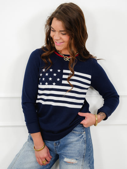 Navy Long Sleeve American Flag Pullover Sweater