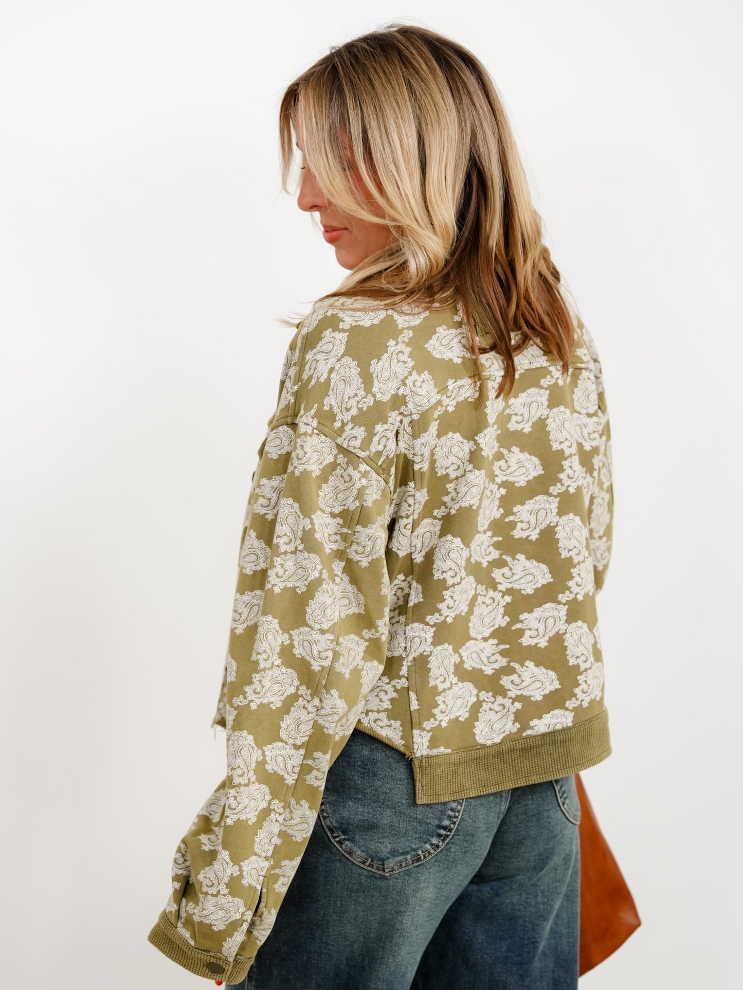 POL Olive Paisley Print Button Down Knit Jacket