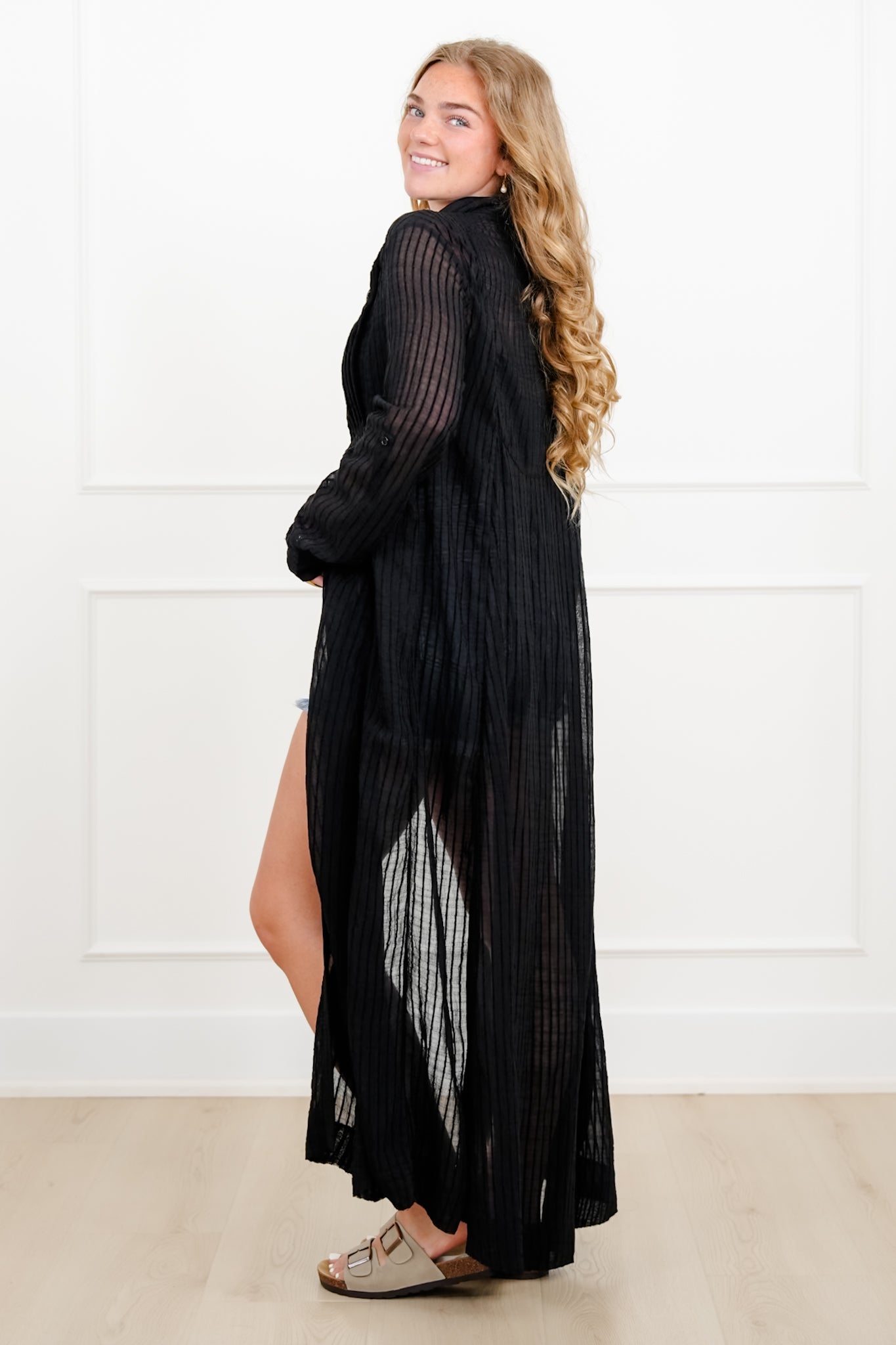 Sheer Black Long Sleeve Button Down Maxi Cardigan