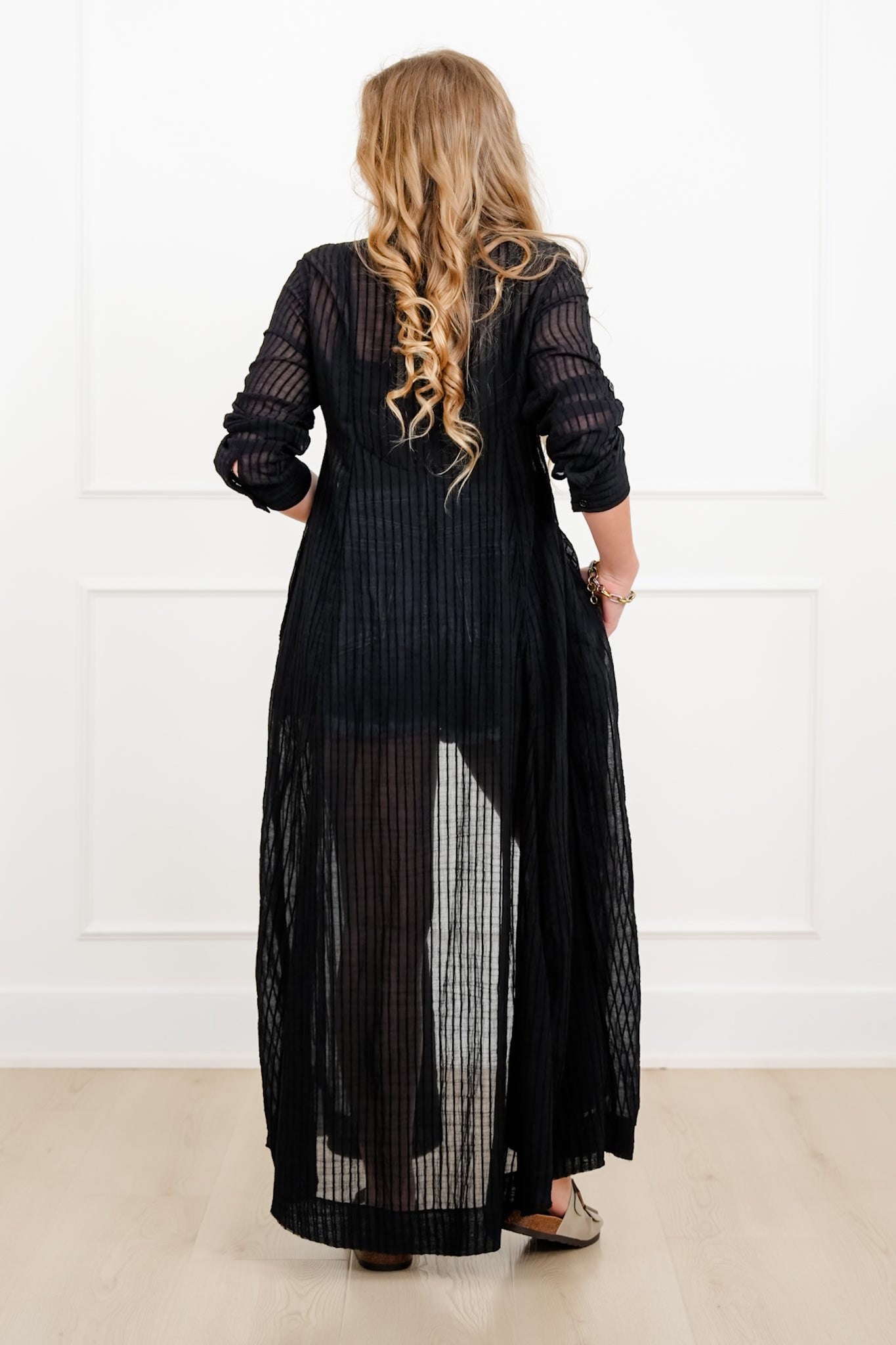 Sheer Black Long Sleeve Button Down Maxi Cardigan