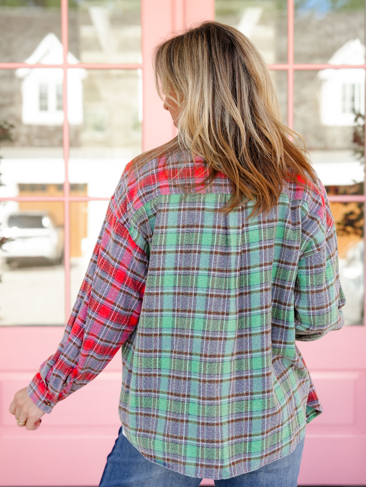 Plus/Reg Mineral Wash Plaid Long Sleeve Button Down Top - Freckled Poppy