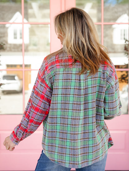 Plus/Reg Mineral Wash Plaid Long Sleeve Button Down Top - Freckled Poppy