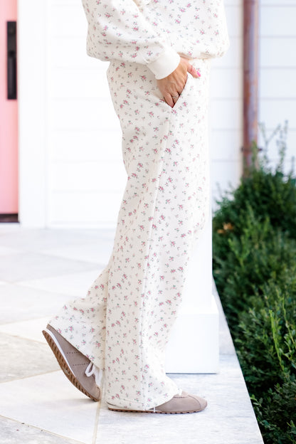 Ivory Floral Print Elastic Waist Sweatpants
