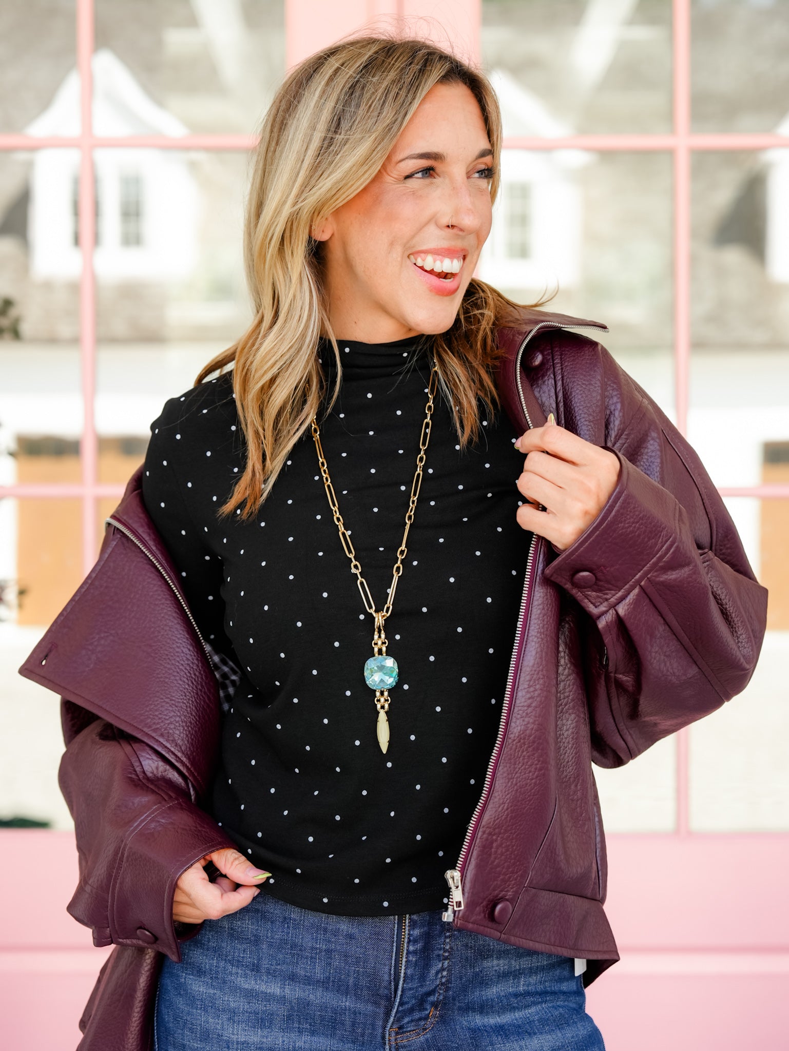 Polka Dot Long Sleeve Mock Neck Top - Freckled Poppy