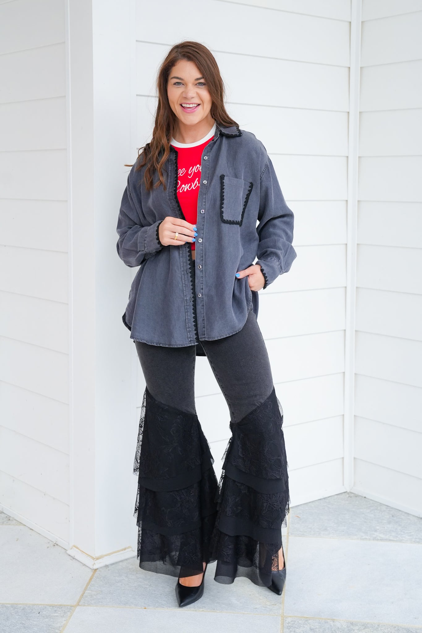 Long Sleeve Button Down Top with Stitch Detail