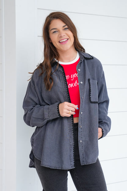 Long Sleeve Button Down Top with Stitch Detail