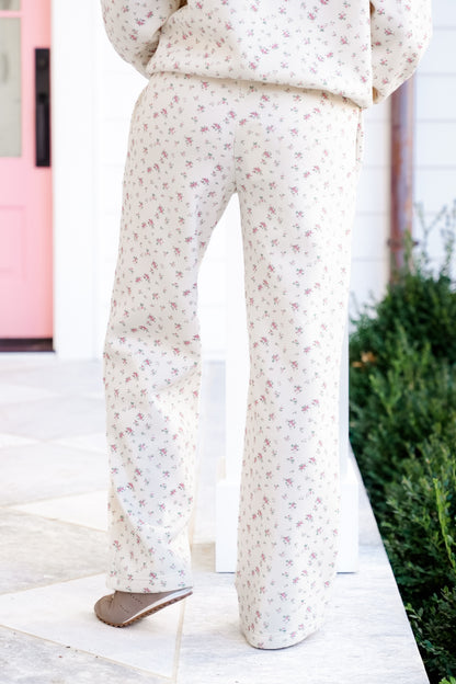 Ivory Floral Print Elastic Waist Sweatpants