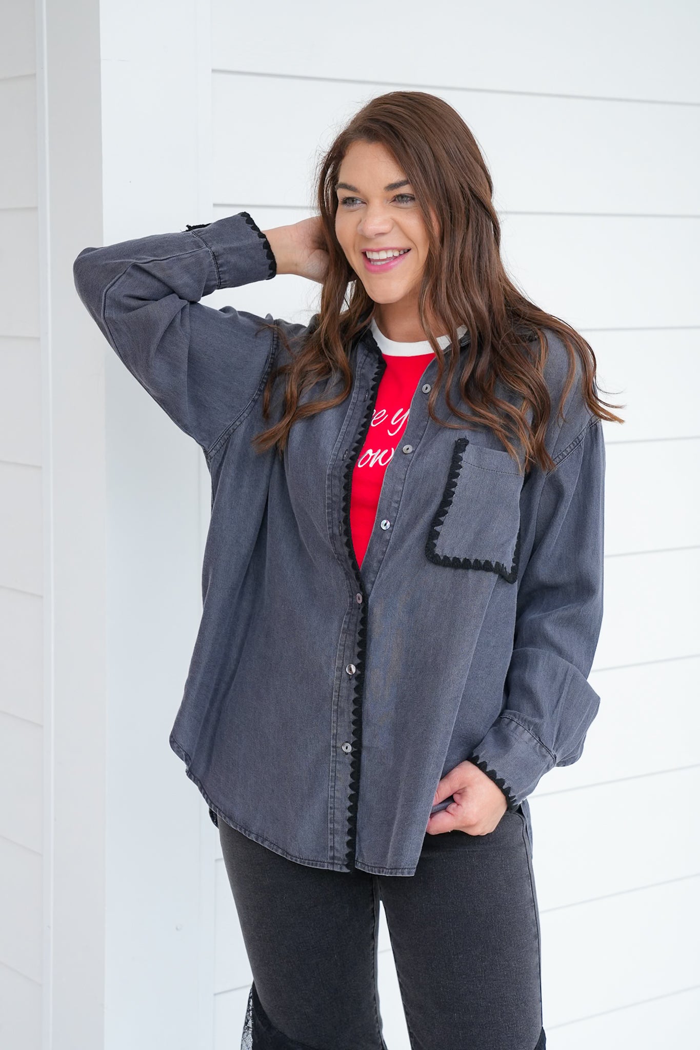 Long Sleeve Button Down Top with Stitch Detail