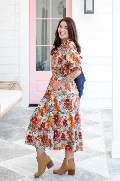 Plus/Reg Taupe Floral Short Sleeve Tiered Midi Dress