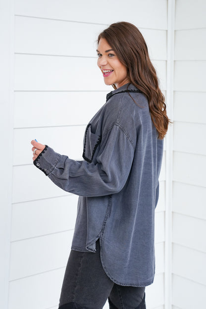 Long Sleeve Button Down Top with Stitch Detail