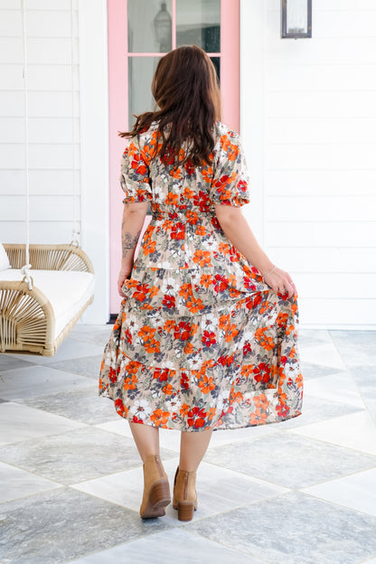 Plus/Reg Taupe Floral Short Sleeve Tiered Midi Dress