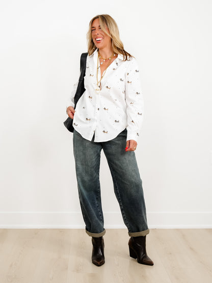Dachshund Print Long Sleeve Button Up Top