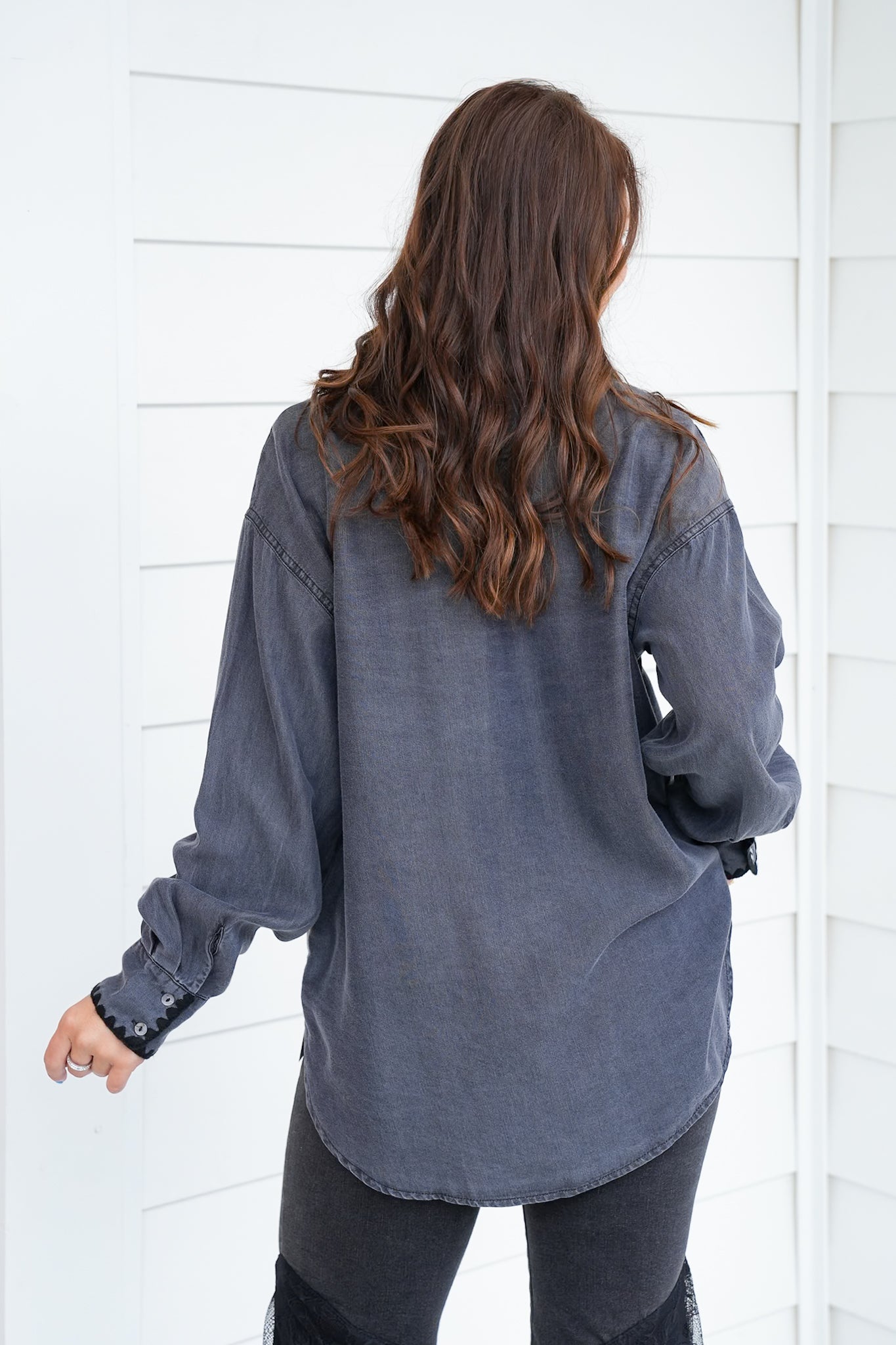 Long Sleeve Button Down Top with Stitch Detail