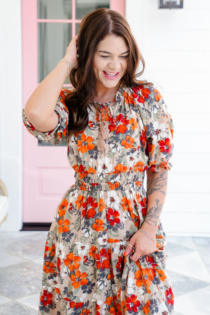 Plus/Reg Taupe Floral Short Sleeve Tiered Midi Dress