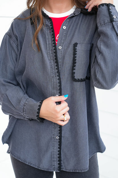 Long Sleeve Button Down Top with Stitch Detail