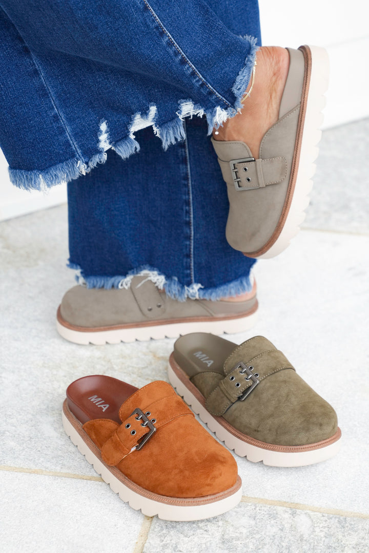 MIA Vegan Suede Buckle Slip On Clog with Platform Sole