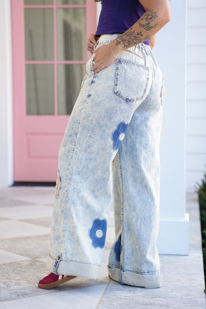 POL Light Wash Wide Leg Pants with Floral Patchwork
