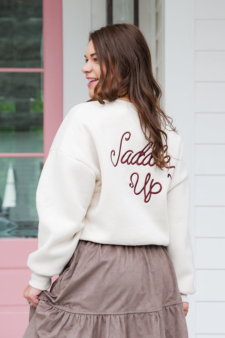 Long Sleeve Embroidered "Saddle Up" Pullover Sweatshirt