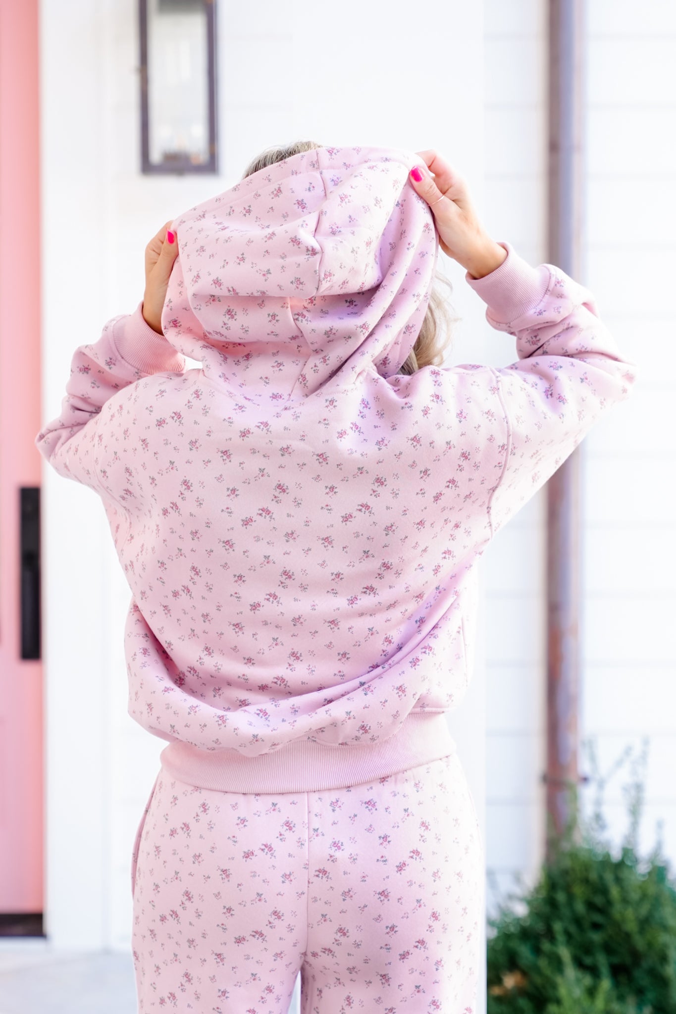 Pink Floral Long Sleeve Zip Up Hoodie