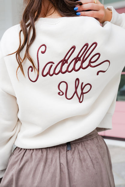 Long Sleeve Embroidered "Saddle Up" Pullover Sweatshirt