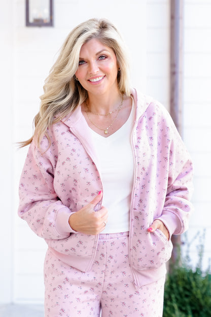 Pink Floral Long Sleeve Zip Up Hoodie