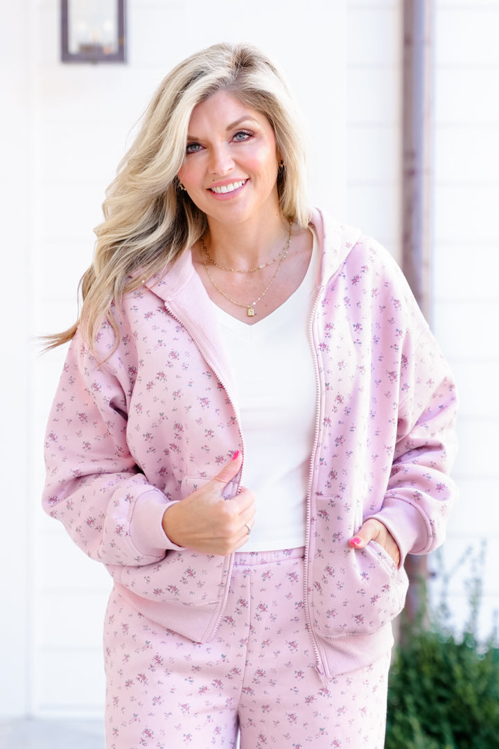 Pink Floral Long Sleeve Zip Up Hoodie